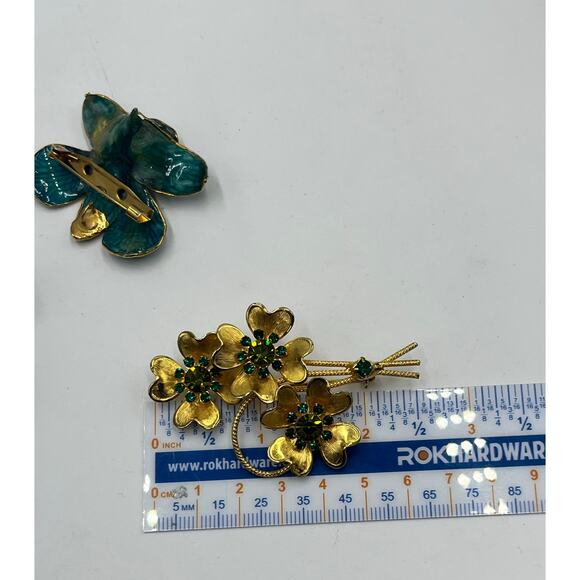 Set of three Floral Flower Mixed Brooch Wearable Lot Jewelry Blue Teal Gold tone - Picture 8 of 10